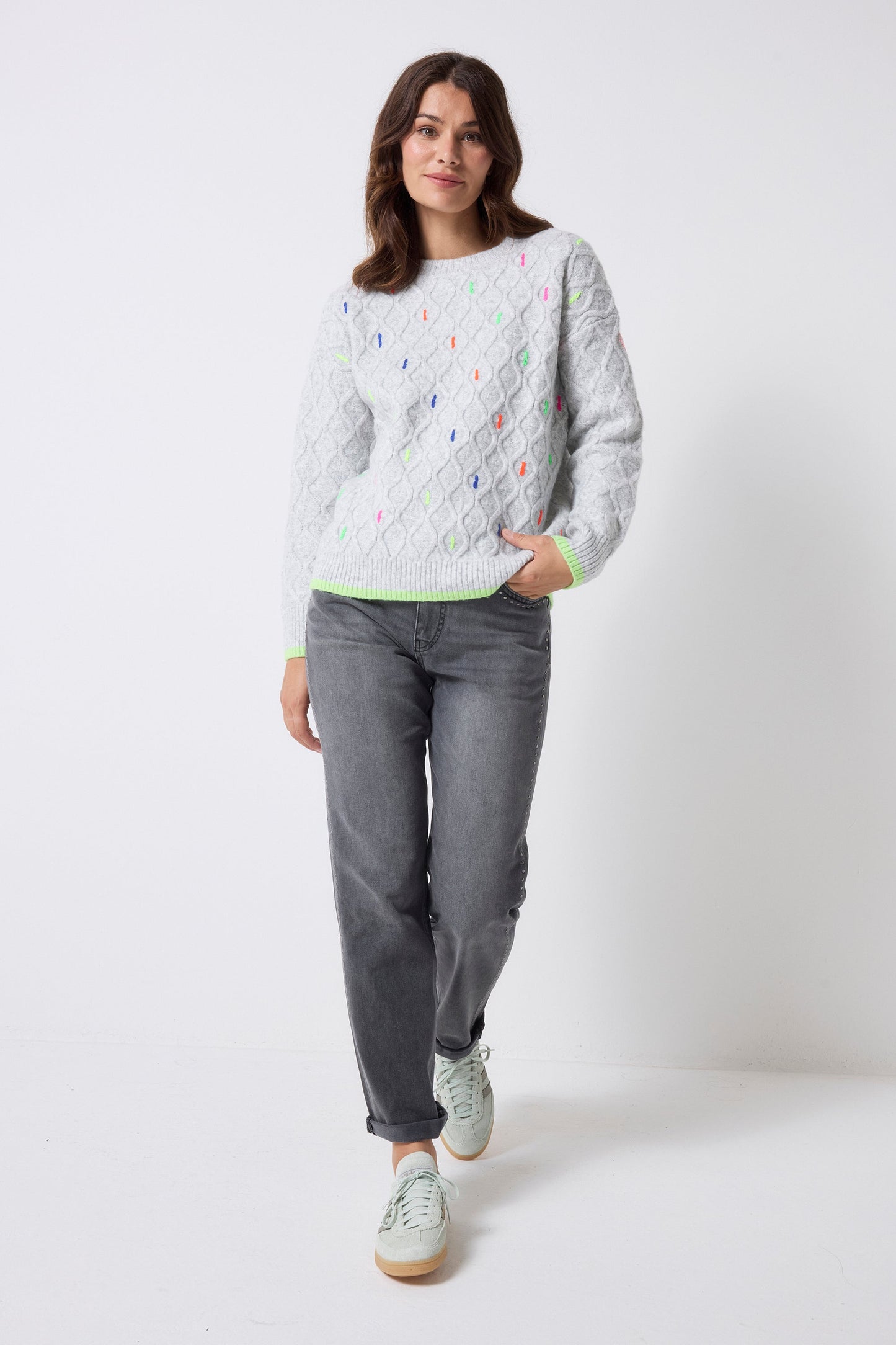 Grey with Neon Rainbow Fleck Cable Knit Jumper