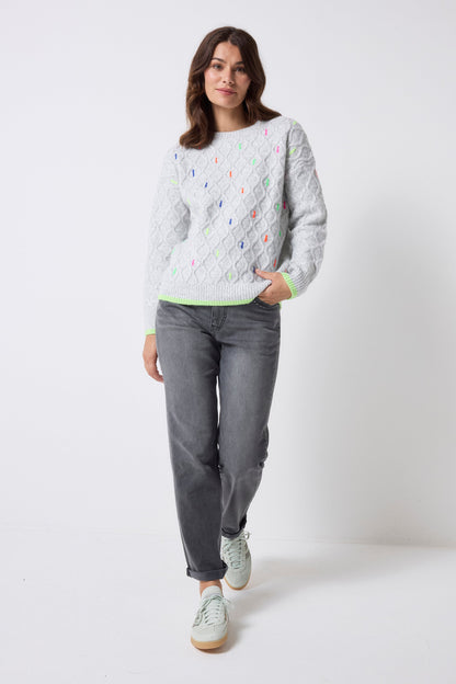 Grey with Neon Rainbow Fleck Cable Knit Jumper