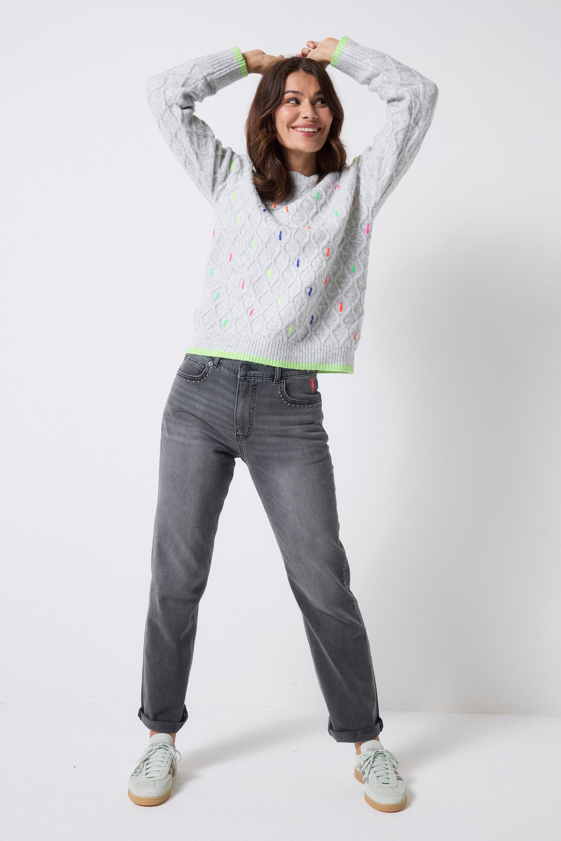 Grey with Neon Rainbow Fleck Cable Knit Jumper