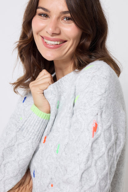 Grey with Neon Rainbow Fleck Cable Knit Jumper