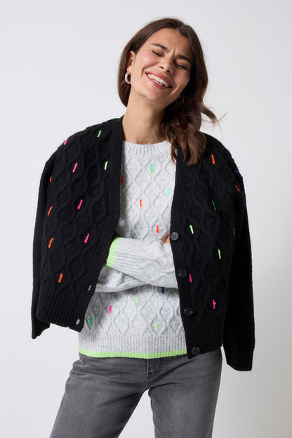 Grey with Neon Rainbow Fleck Cable Knit Jumper