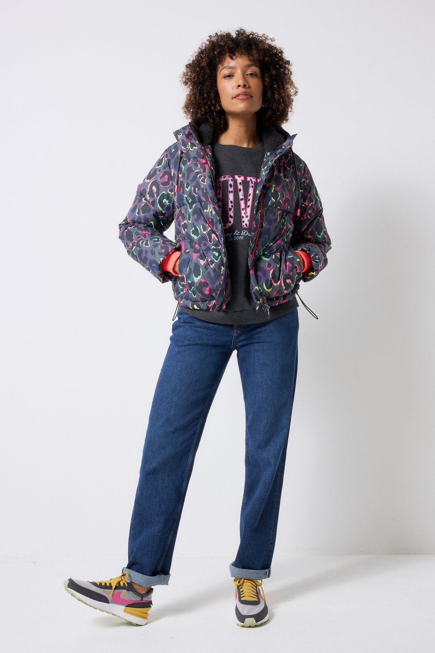 Grey with Rainbow Shadow Leopard Short Puffer Coat