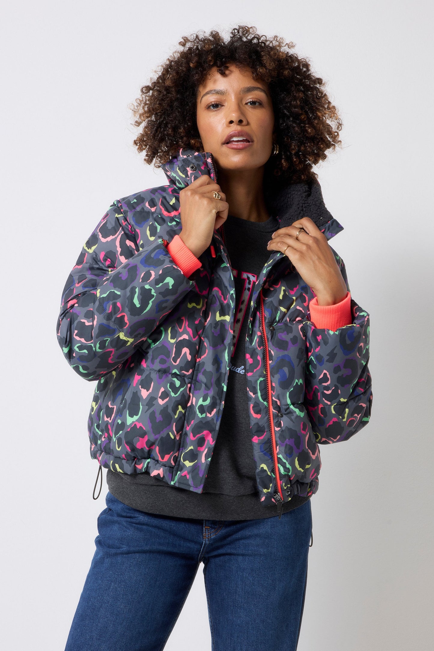 Grey with Rainbow Shadow Leopard Short Puffer Coat