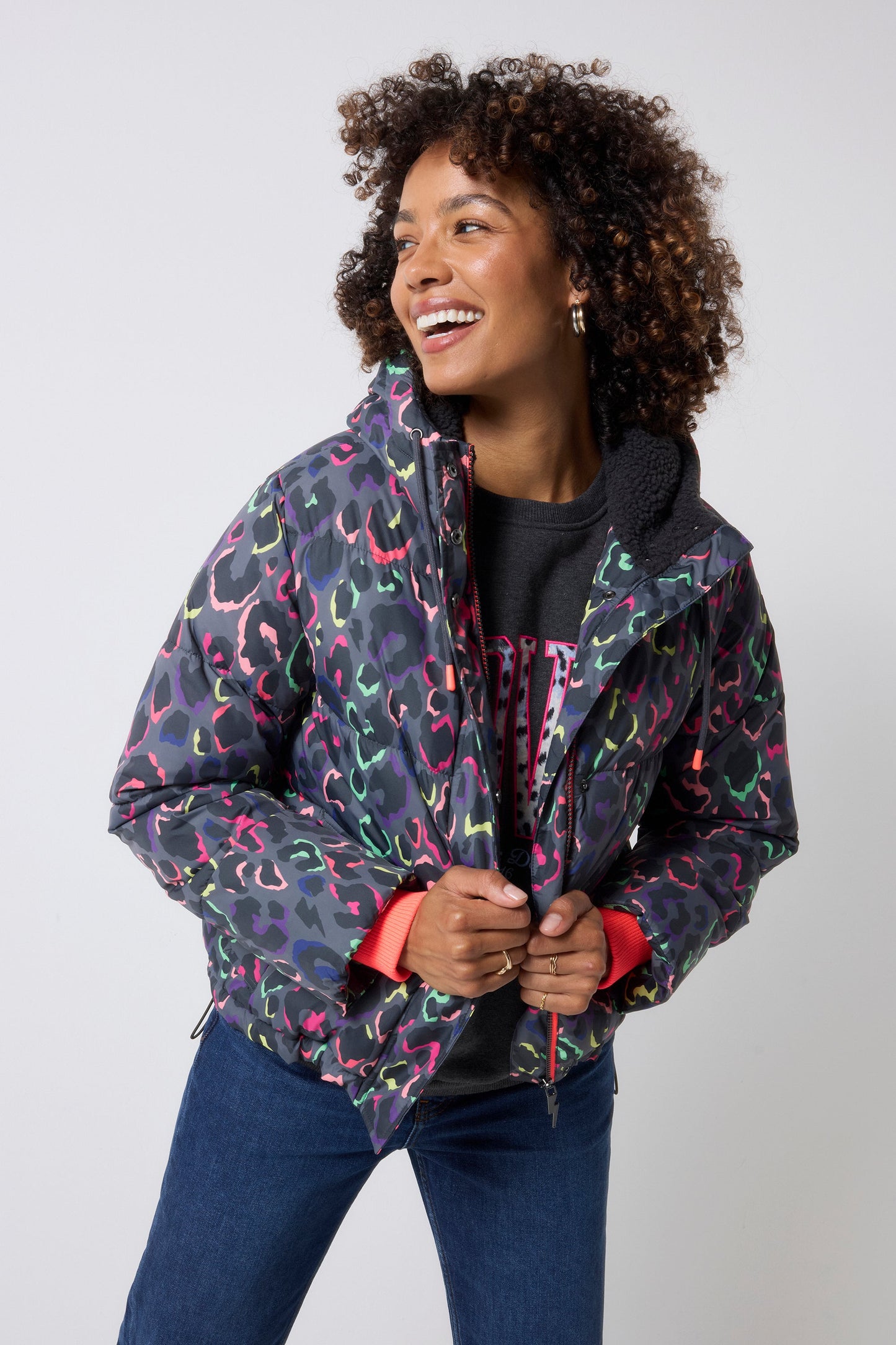 Grey with Rainbow Shadow Leopard Short Puffer Coat
