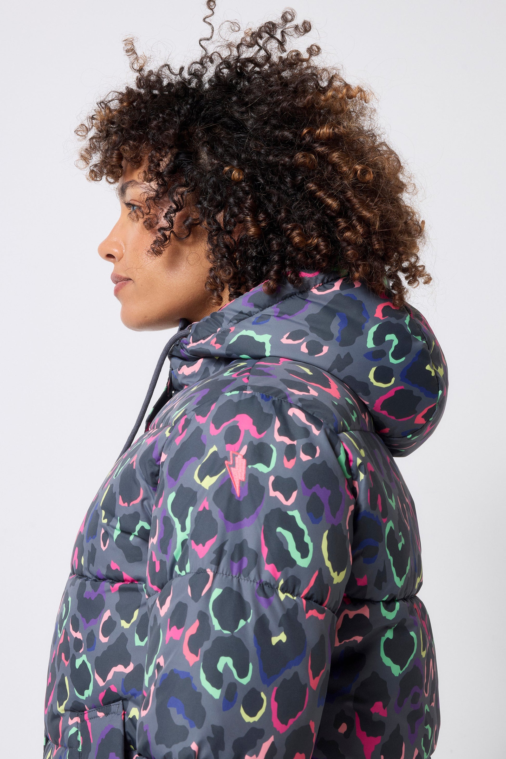Grey with Rainbow Shadow Leopard Short Puffer Coat