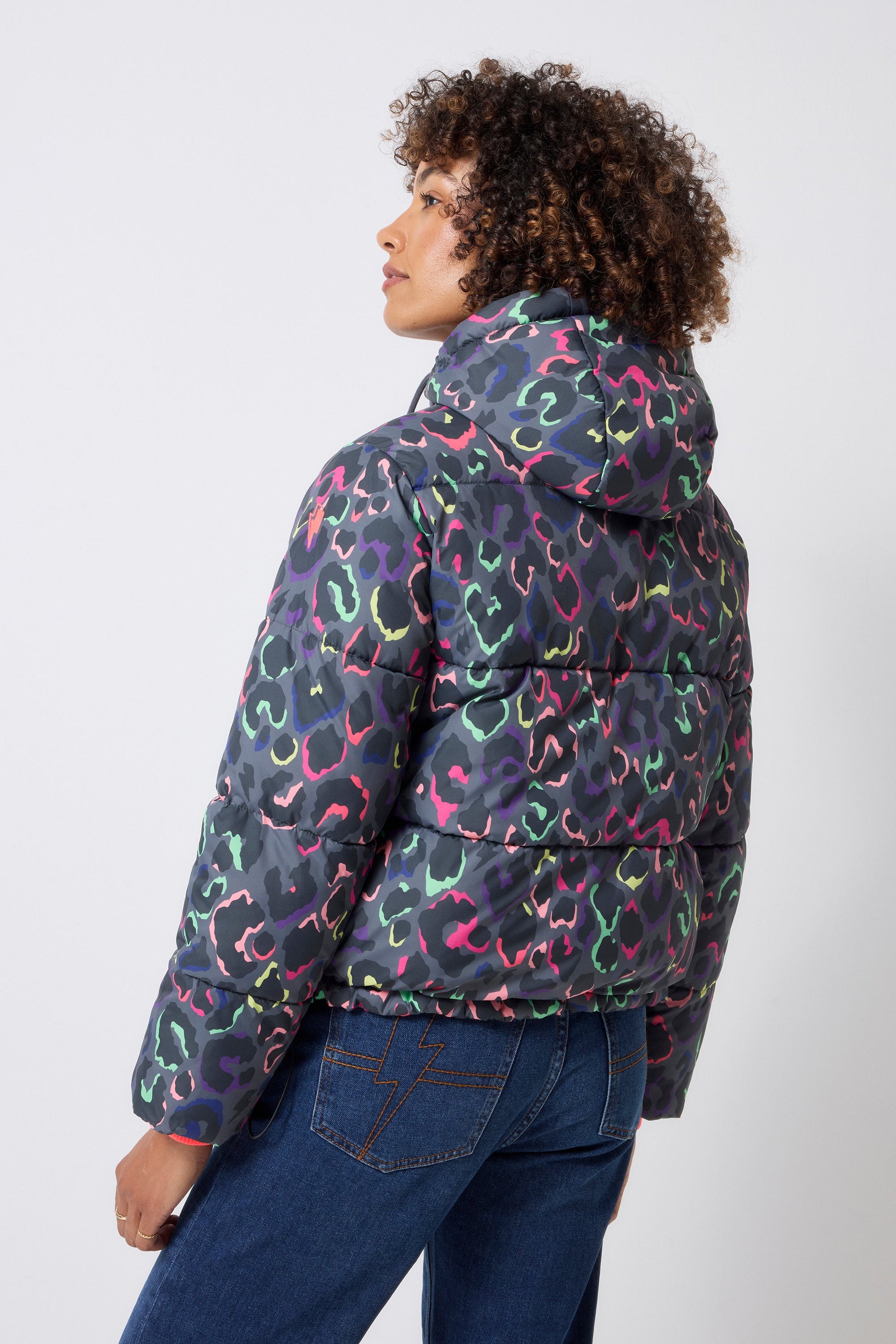 Grey with Rainbow Shadow Leopard Short Puffer Coat