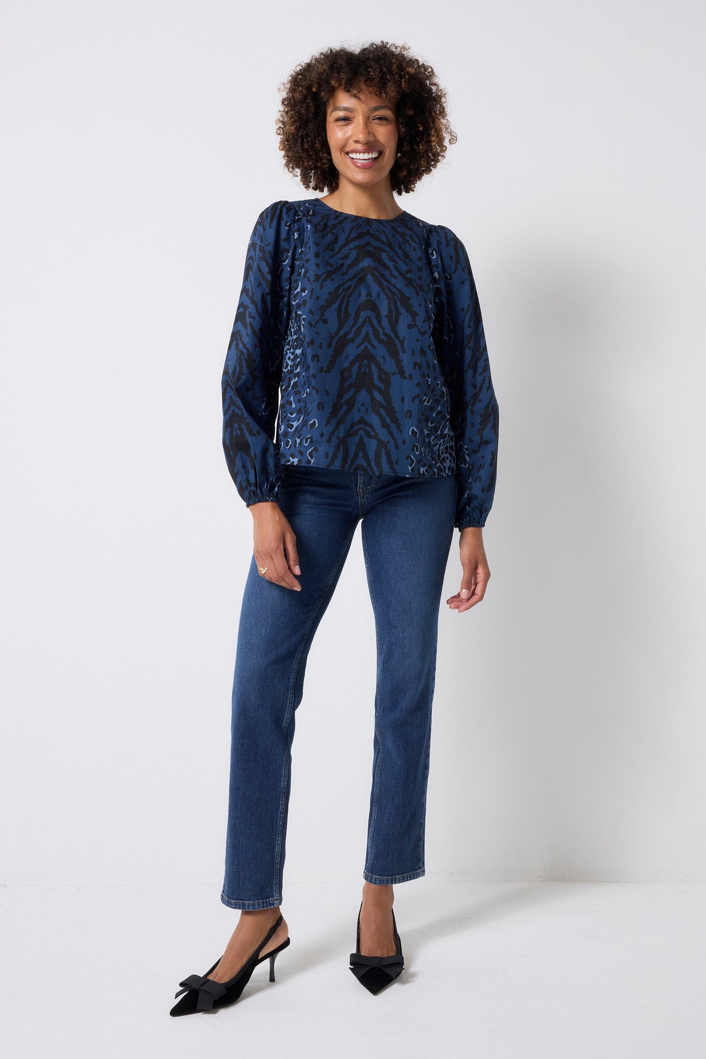 Navy with Black Zebra Blouson Sleeve Top