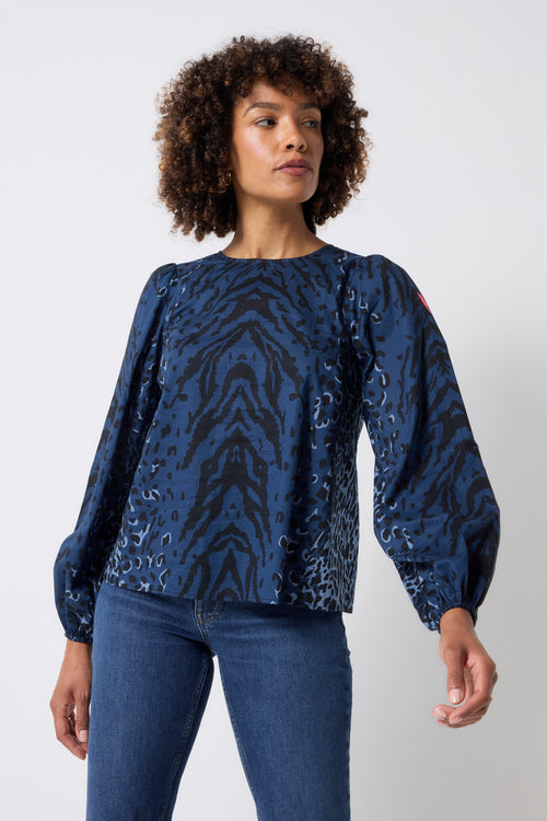 Navy with Black Zebra Blouson Sleeve Top
