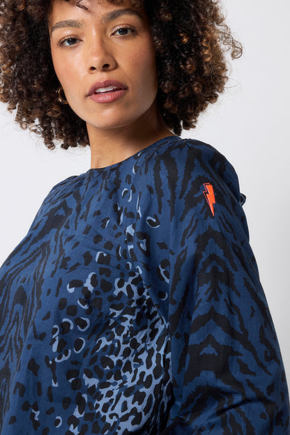 Navy with Black Zebra Blouson Sleeve Top