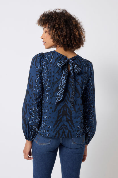 Navy with Black Zebra Blouson Sleeve Top