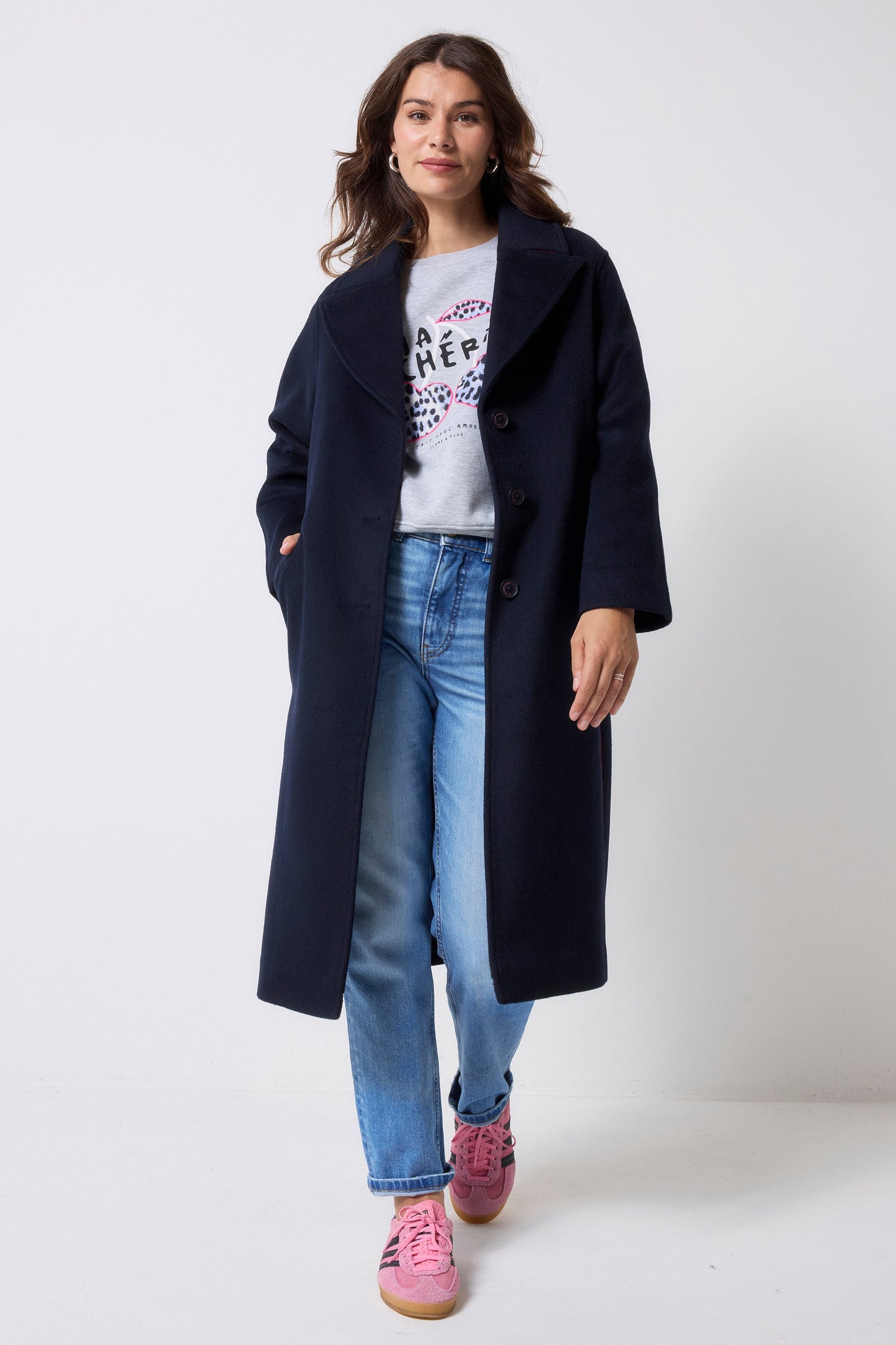 Navy with Neon Pink Wool Blend Coat