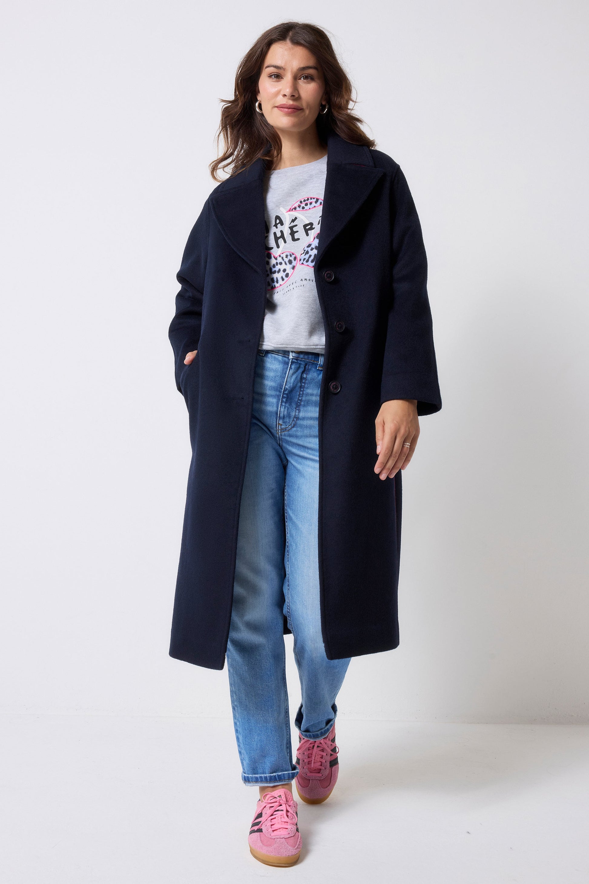 Navy with Neon Pink Wool Blend Coat