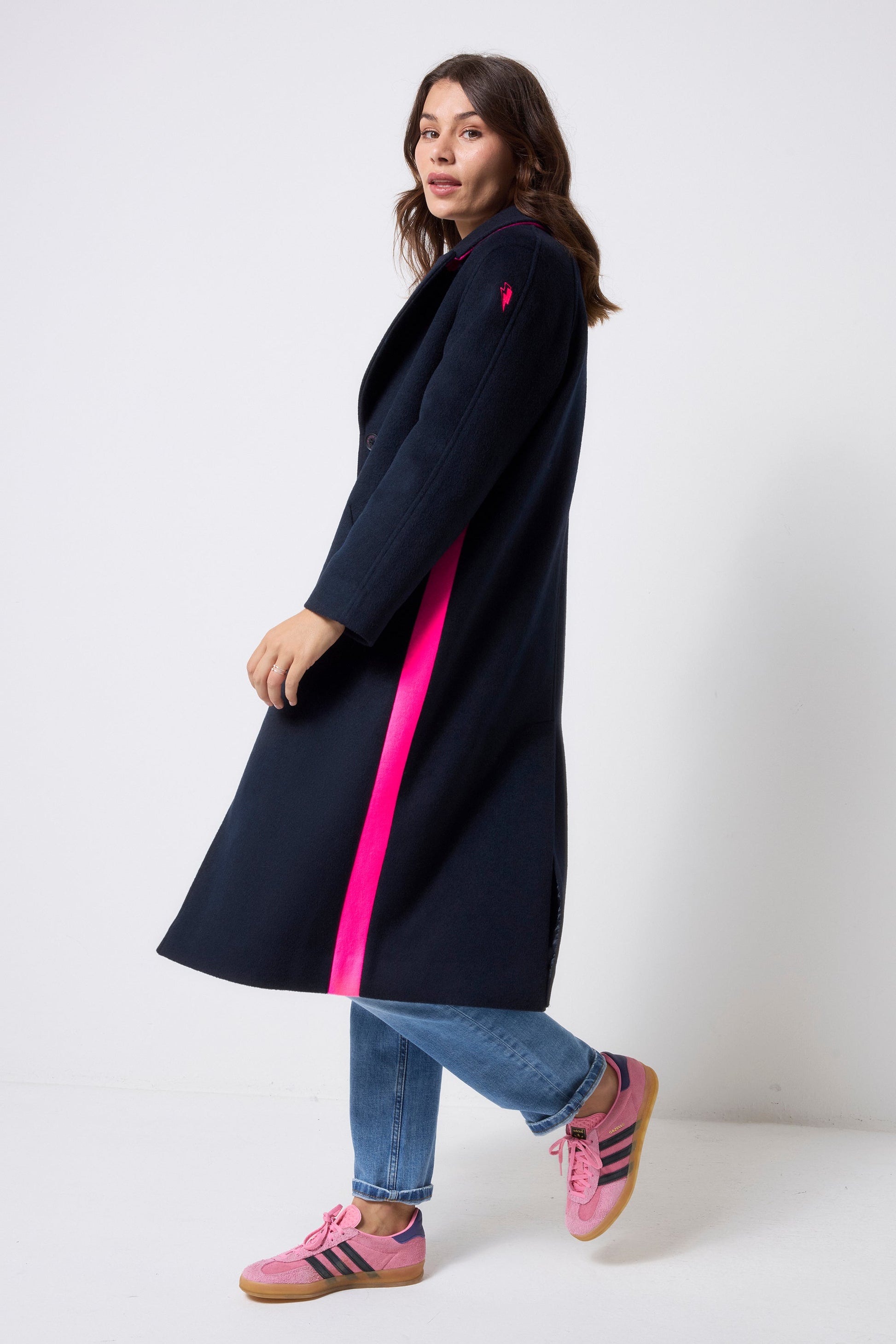 Navy with Neon Pink Wool Blend Coat
