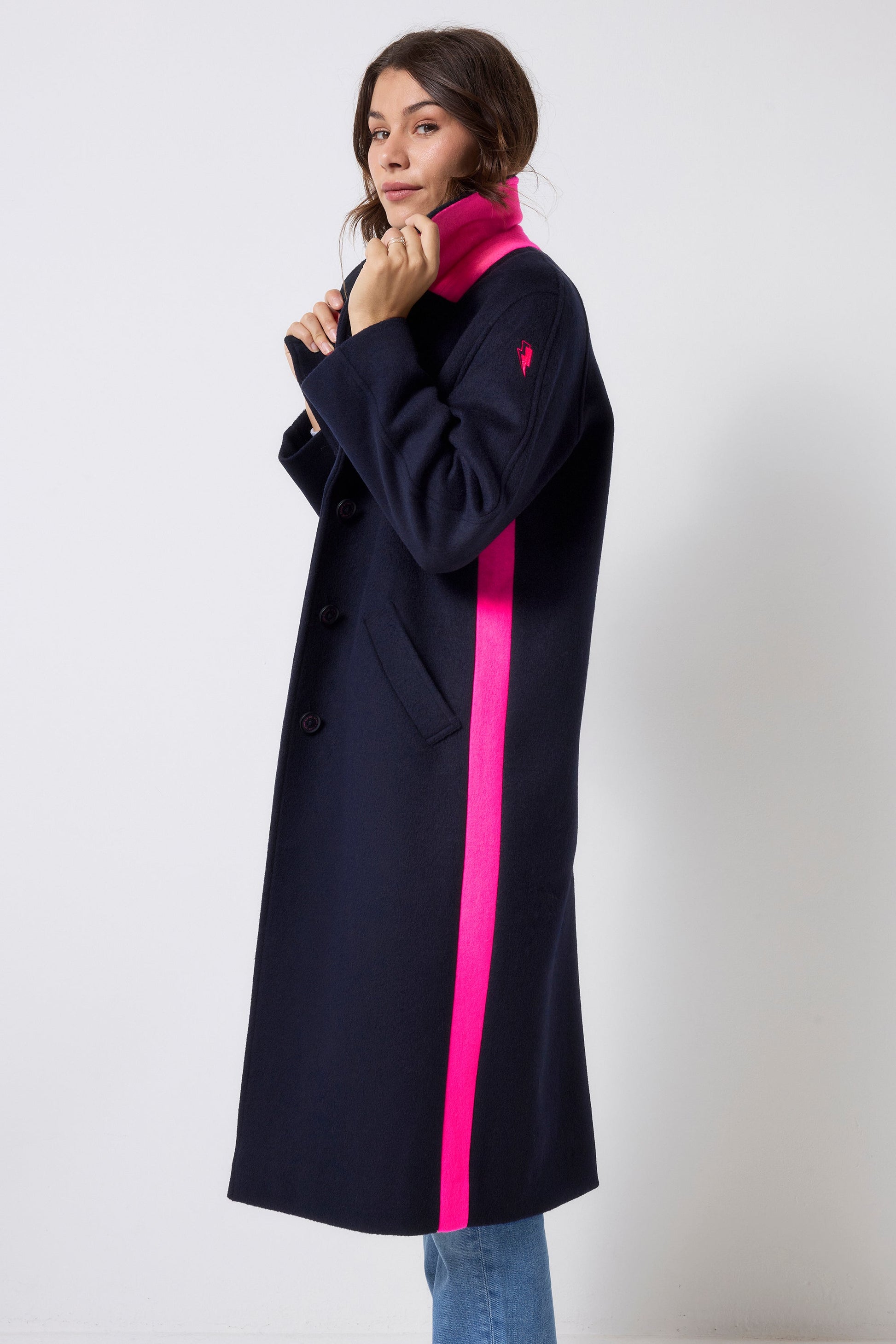 Navy with Neon Pink Wool Blend Coat