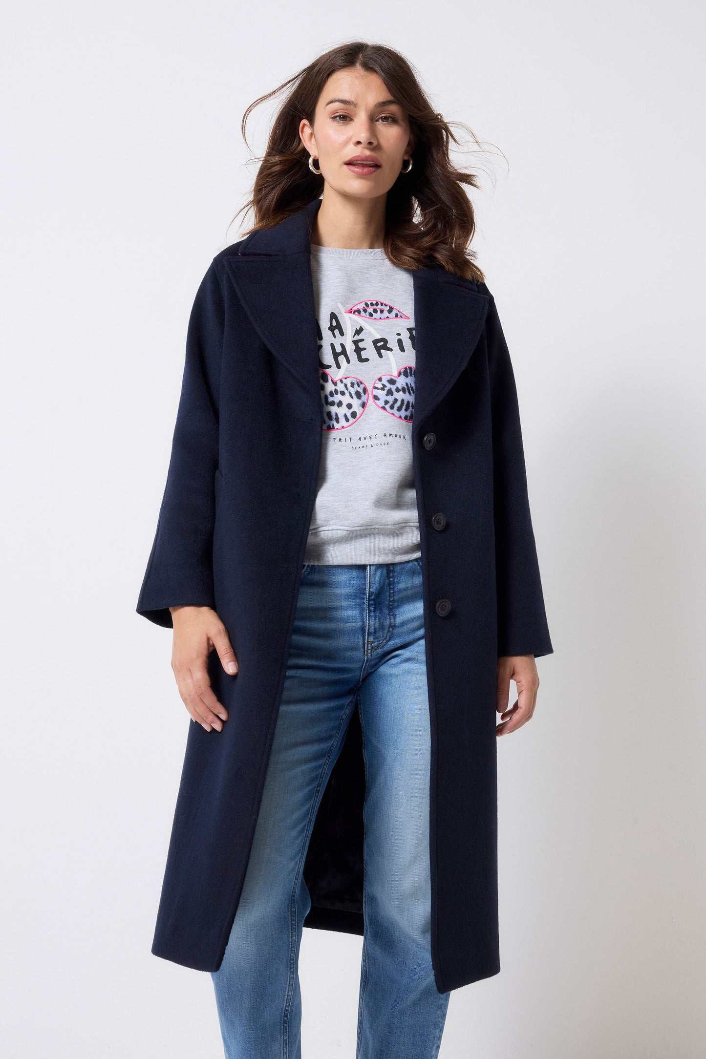 Navy with Neon Pink Wool Blend Coat