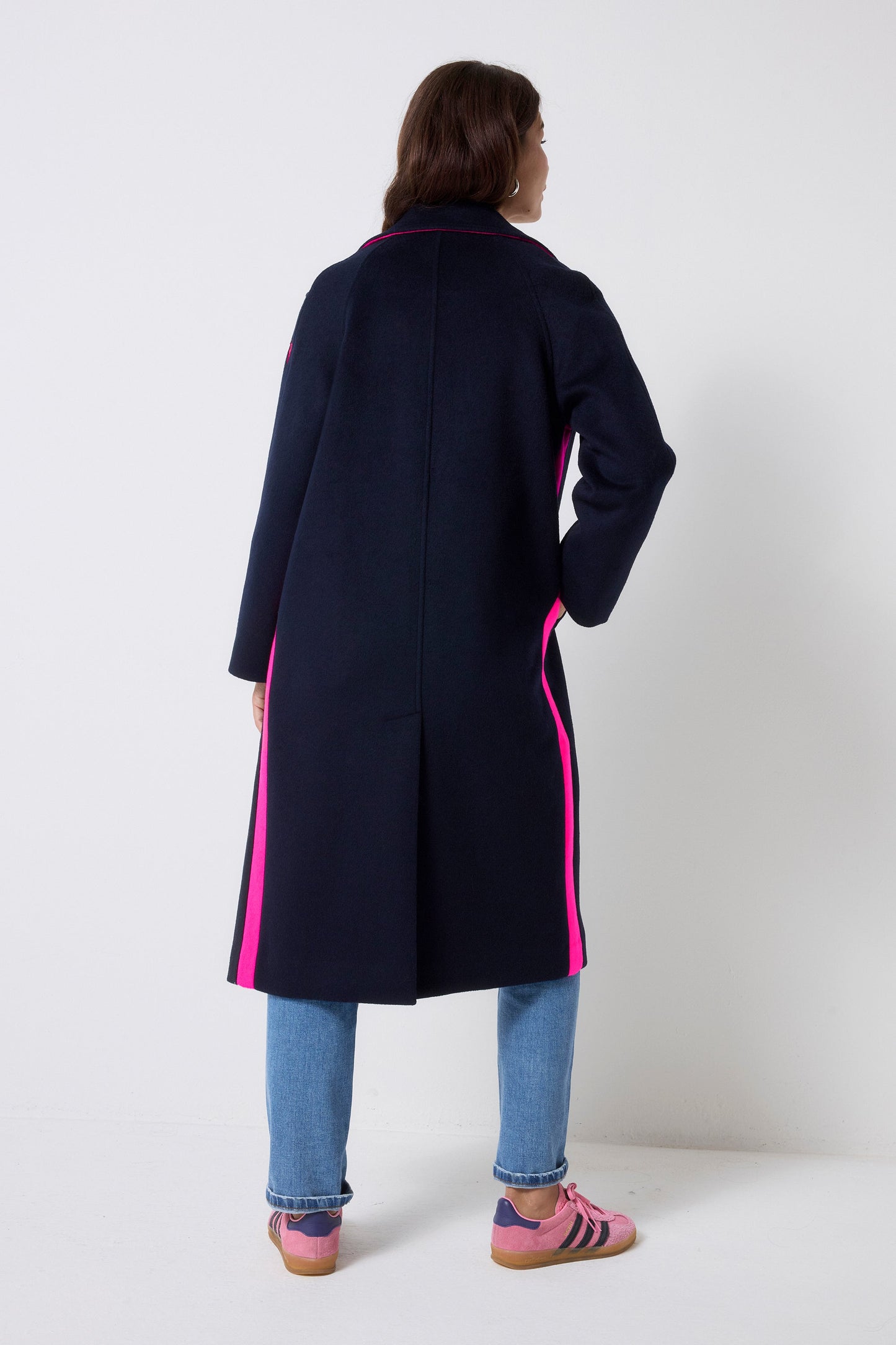 Navy with Neon Pink Wool Blend Coat