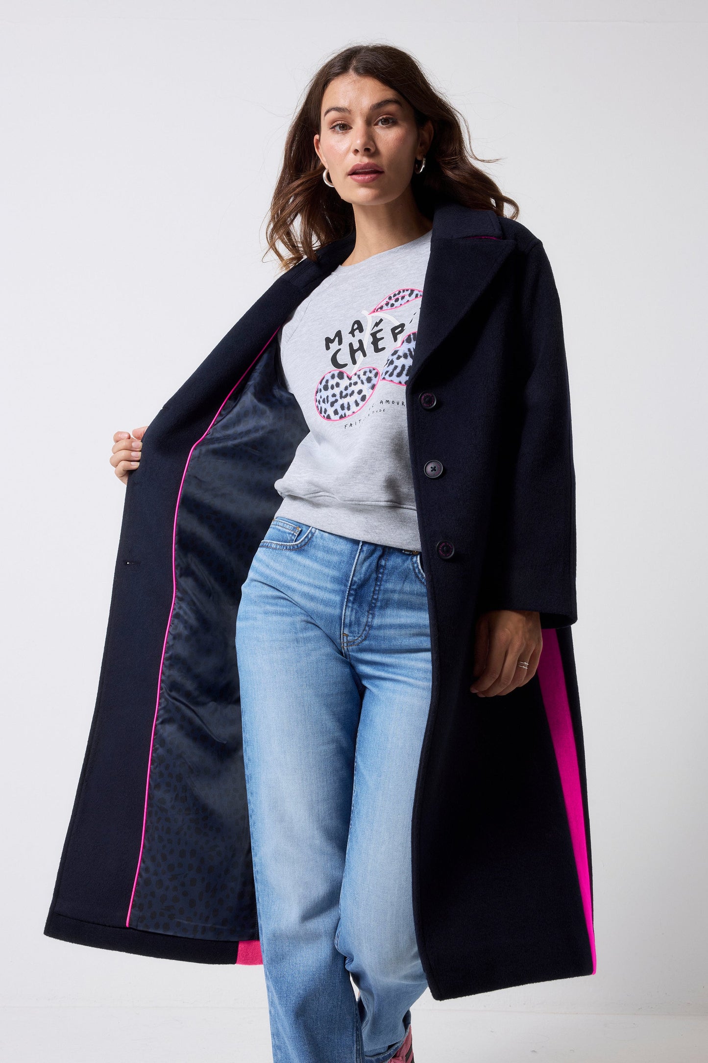 Navy with Neon Pink Wool Blend Coat