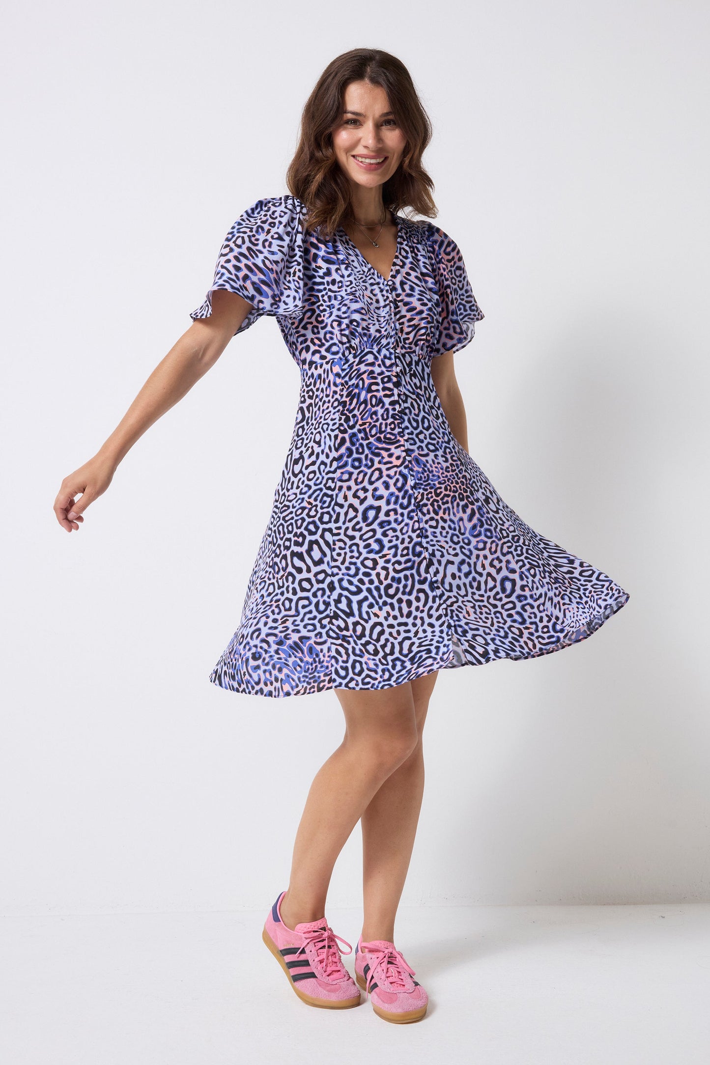 Lilac with Black and Pink Leopard Ray Angel Sleeve Short Tea Dress