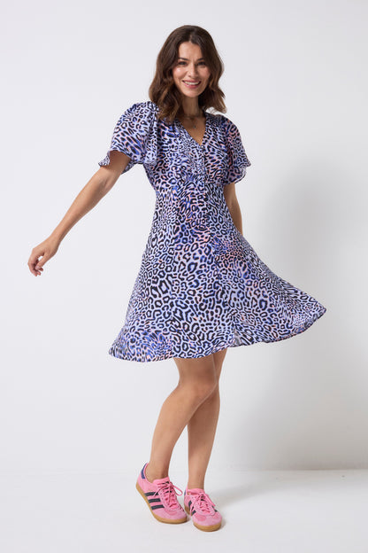 Lilac with Black and Pink Leopard Ray Angel Sleeve Short Tea Dress