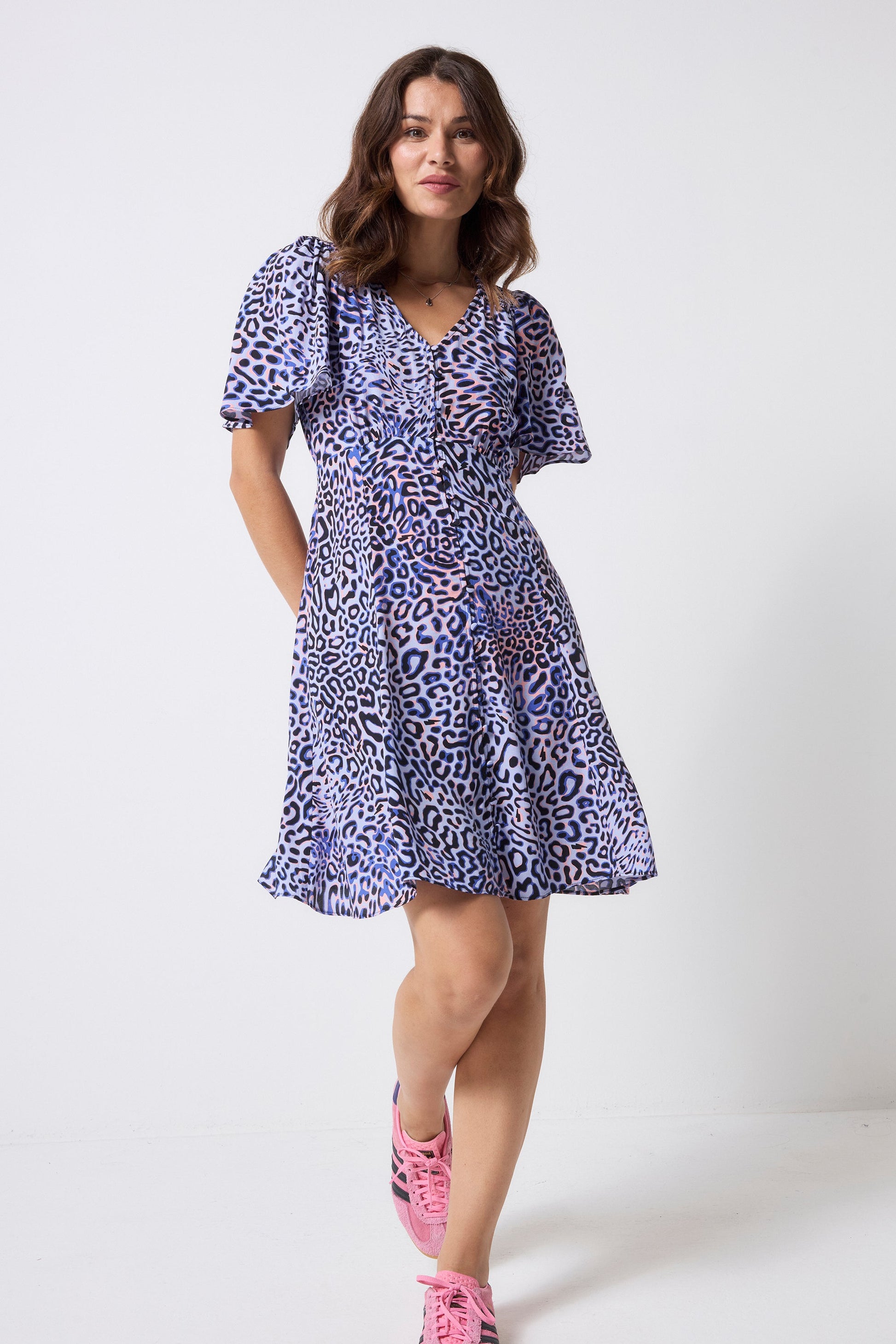 Lilac with Black and Pink Leopard Ray Angel Sleeve Short Tea Dress