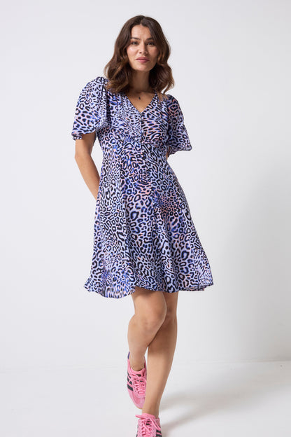 Lilac with Black and Pink Leopard Ray Angel Sleeve Short Tea Dress