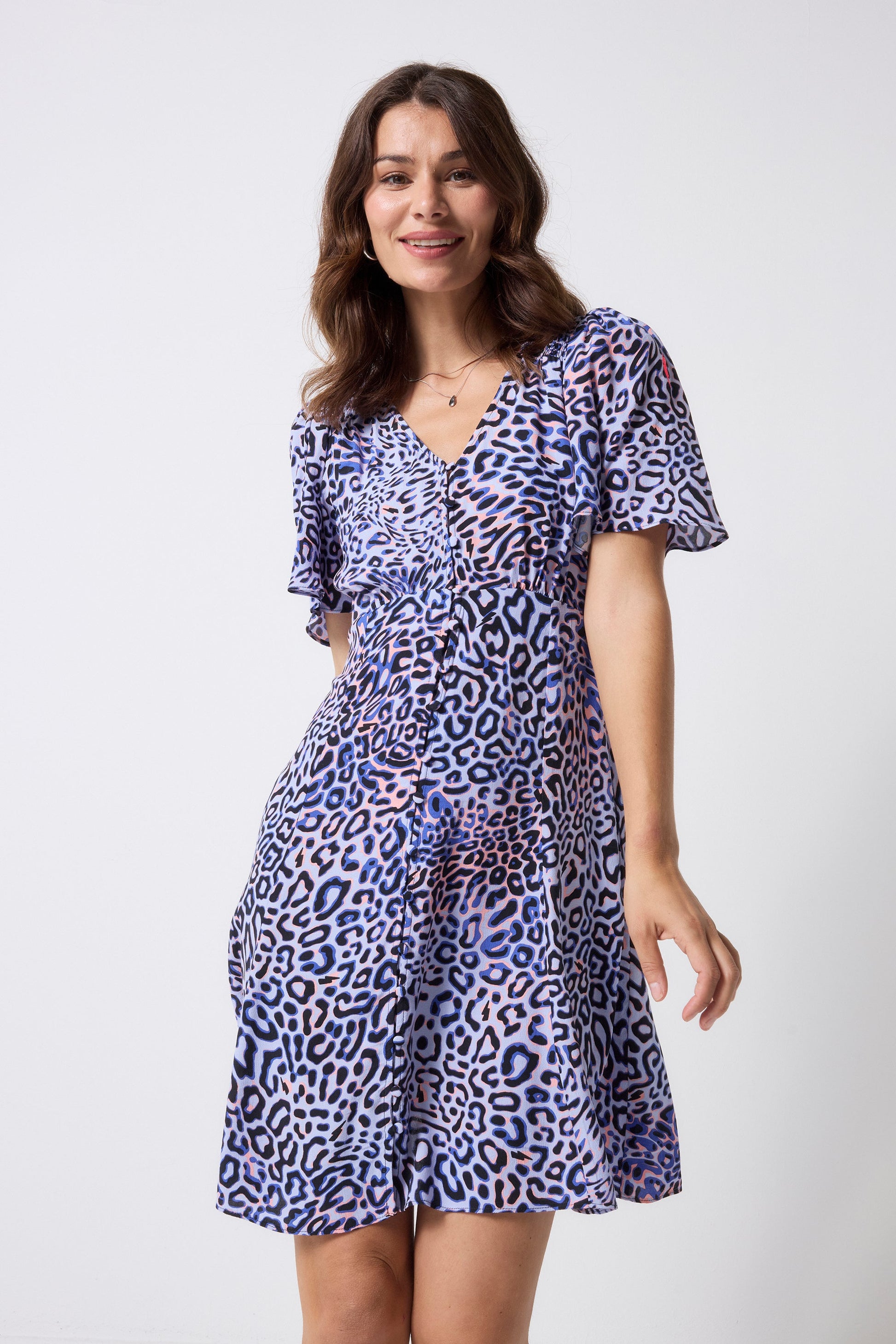 Lilac with Black and Pink Leopard Ray Angel Sleeve Short Tea Dress