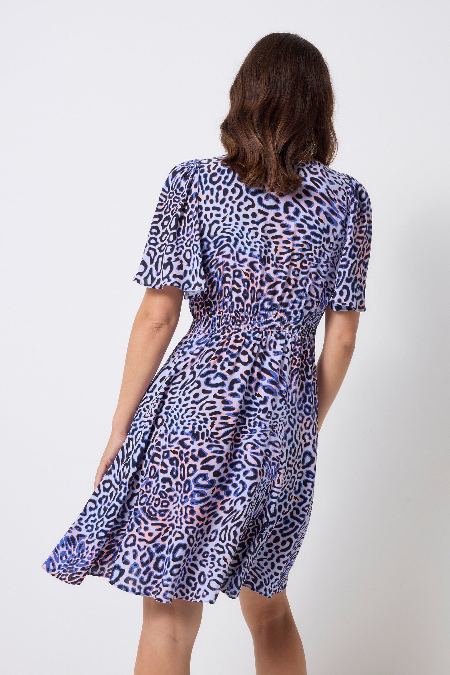Lilac with Black and Pink Leopard Ray Angel Sleeve Short Tea Dress