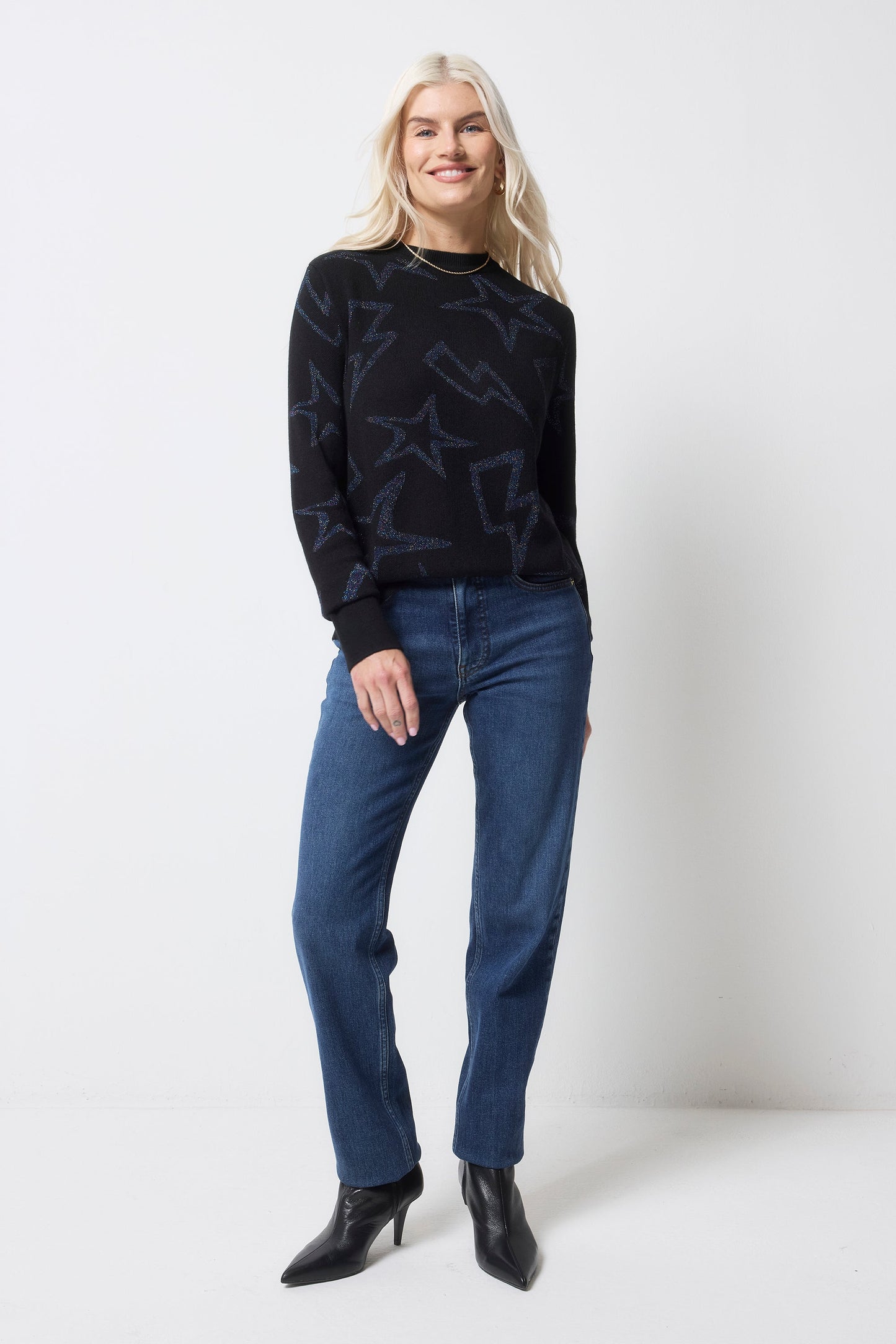 Black with Metallic Rainbow Star and Lightning Bolt Metallic Knit Jumper