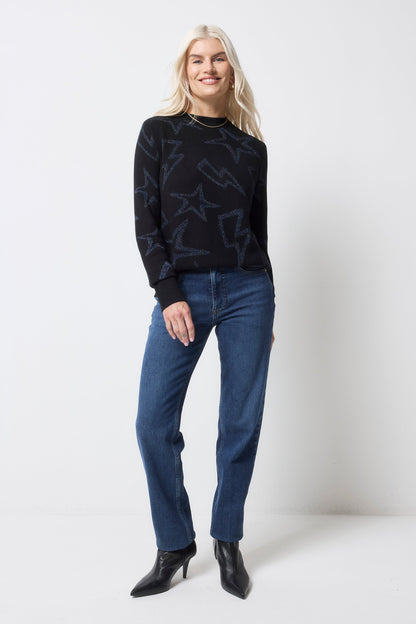 Black with Metallic Rainbow Star and Lightning Bolt Metallic Knit Jumper