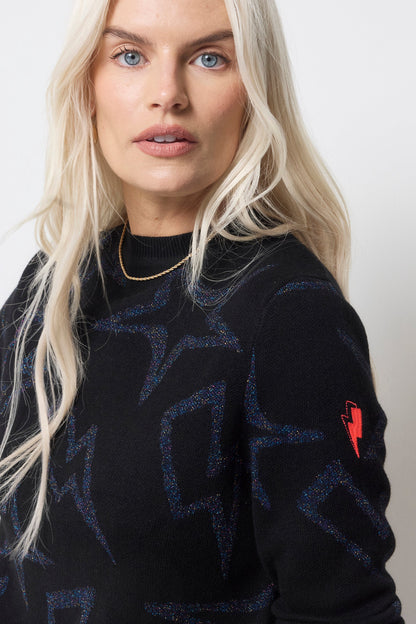 Black with Metallic Rainbow Star and Lightning Bolt Metallic Knit Jumper