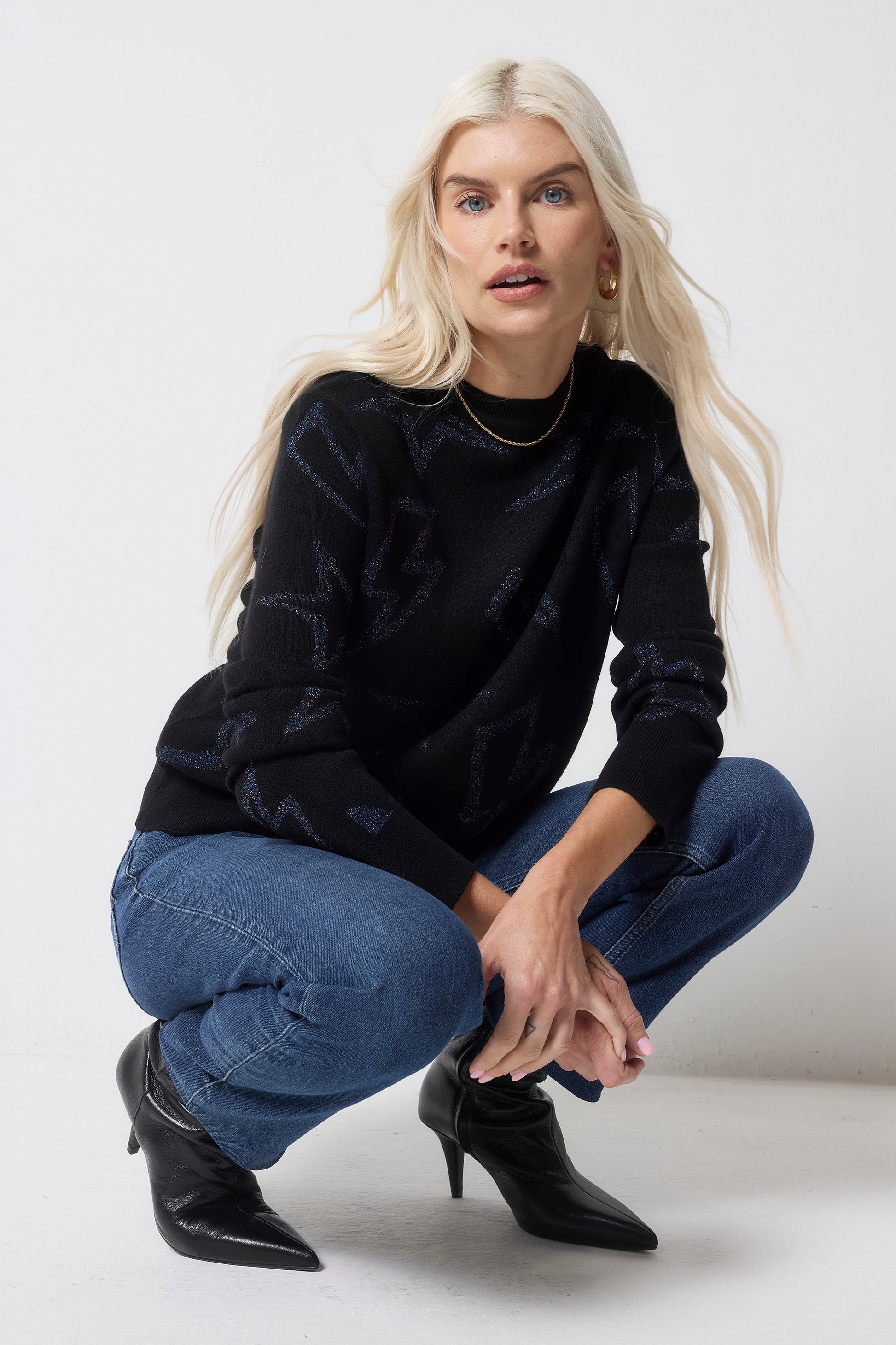 Black with Metallic Rainbow Star and Lightning Bolt Metallic Knit Jumper