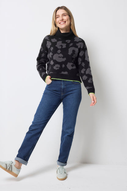 Black with Grey Mega Leopard Turtleneck Knitted Jumper