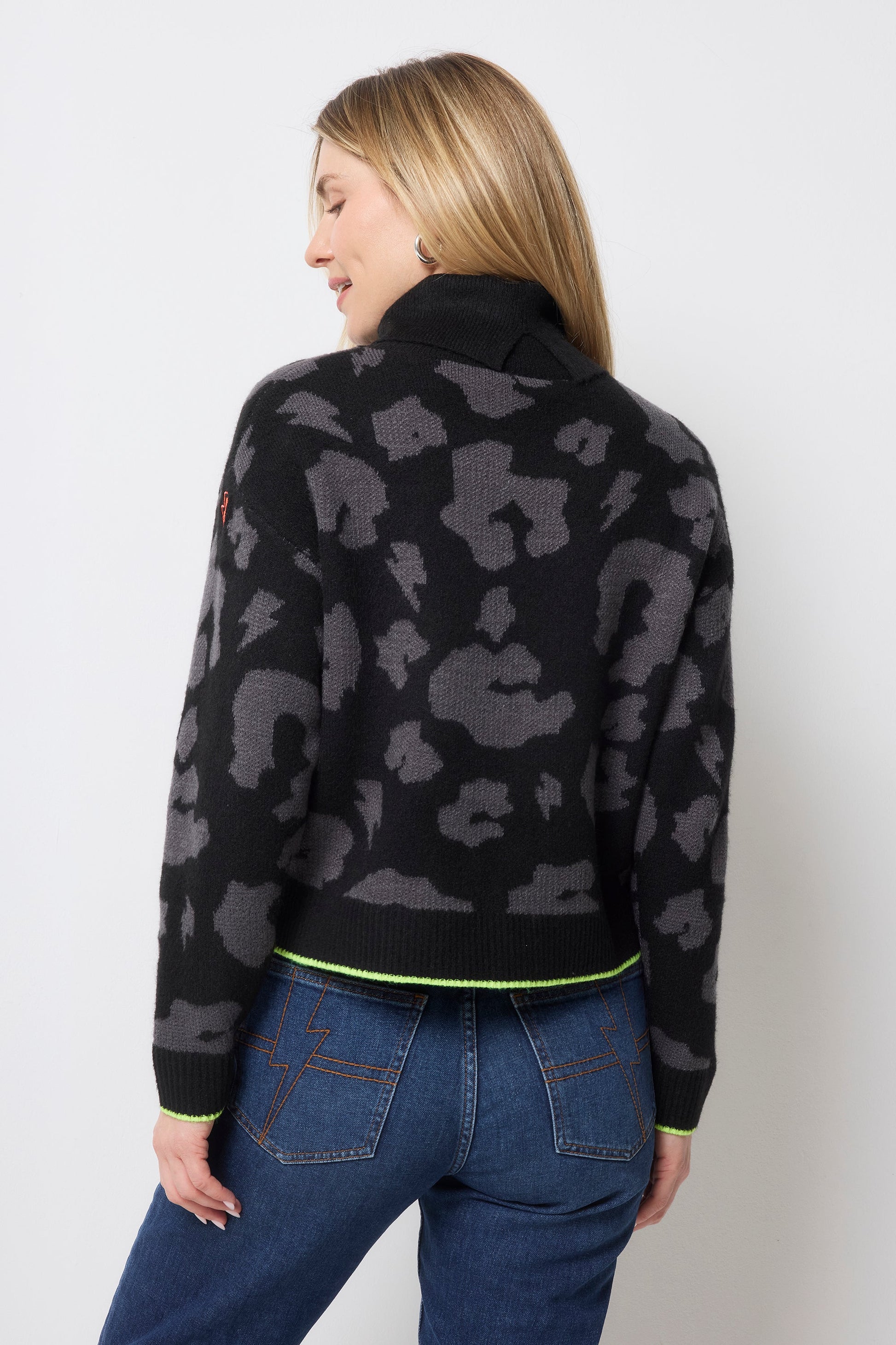 Black with Grey Mega Leopard Turtleneck Knitted Jumper