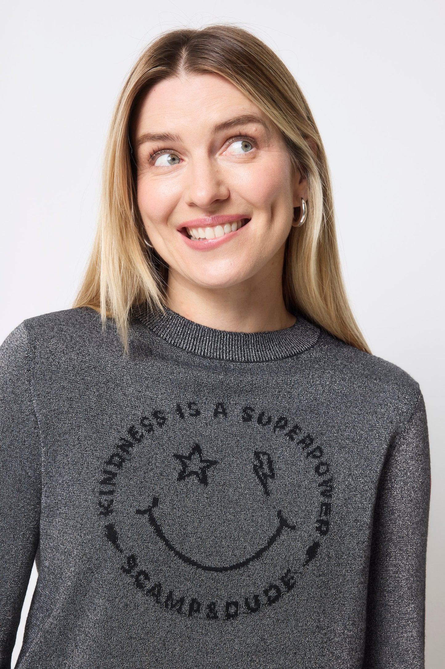 Grey with Black Smiley Face Metallic Knit Jumper