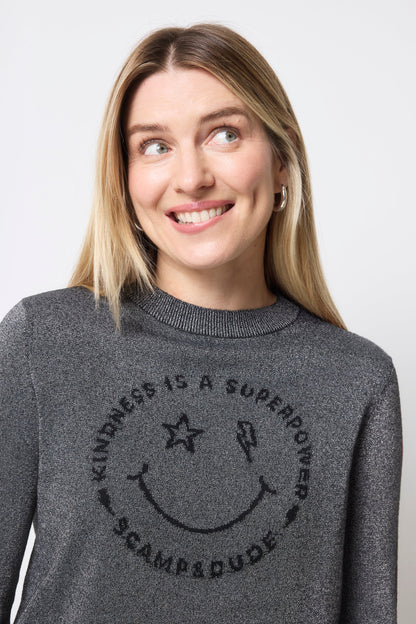 Grey with Black Smiley Face Metallic Knit Jumper