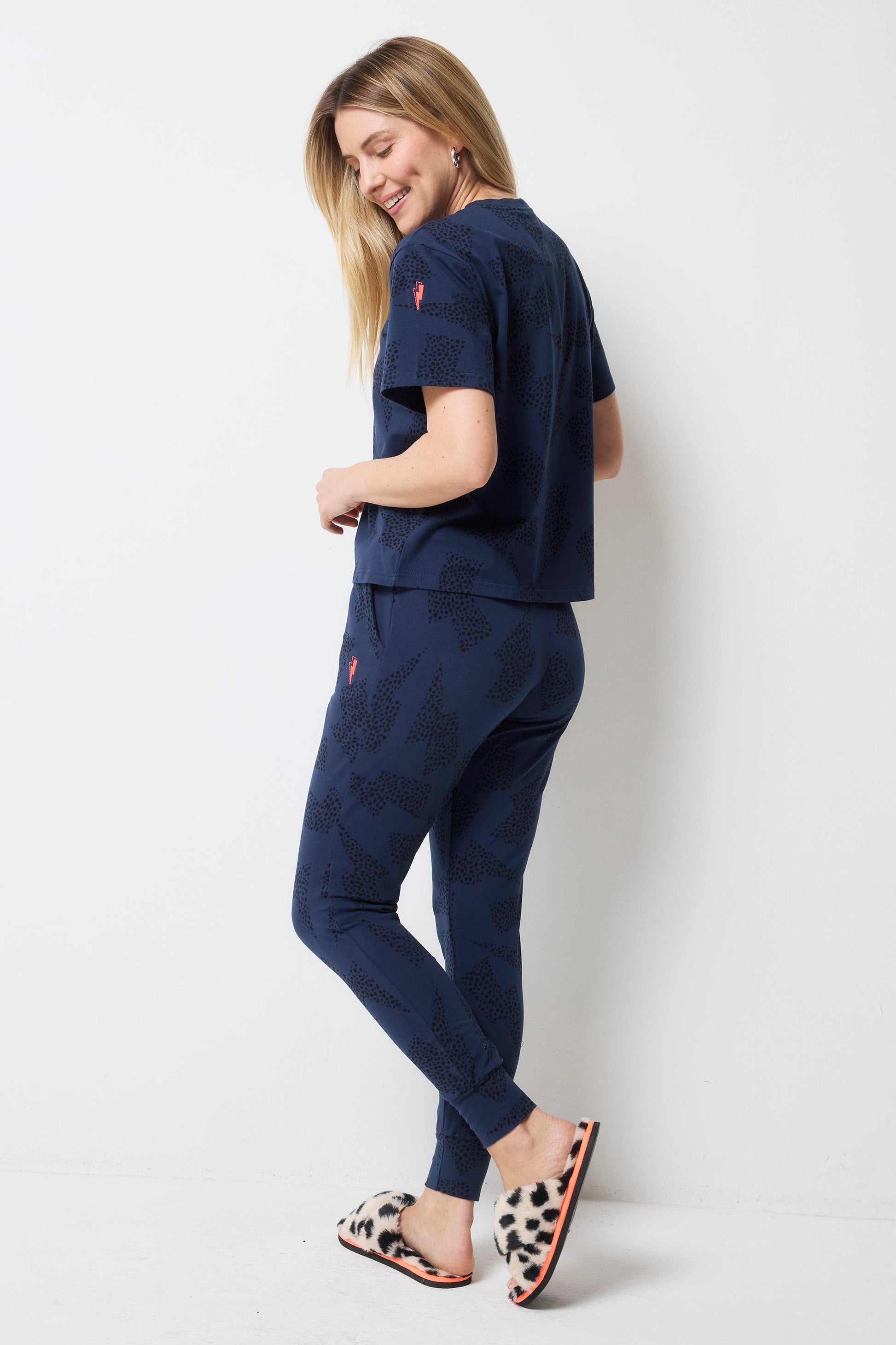 Navy with Black Cheetah and Lightning Bolt Print Pyjamas