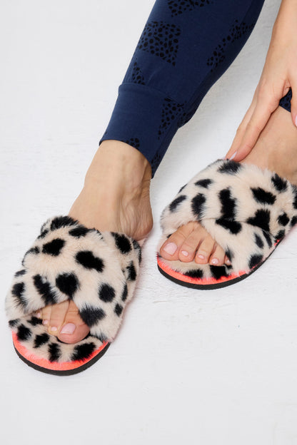 Cream with Black Cheetah Faux Fur Cross Over Slippers