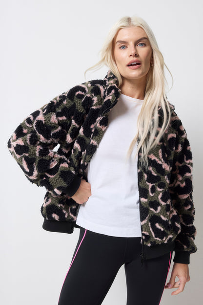 Khaki Leopard Fleece Bomber Jacket