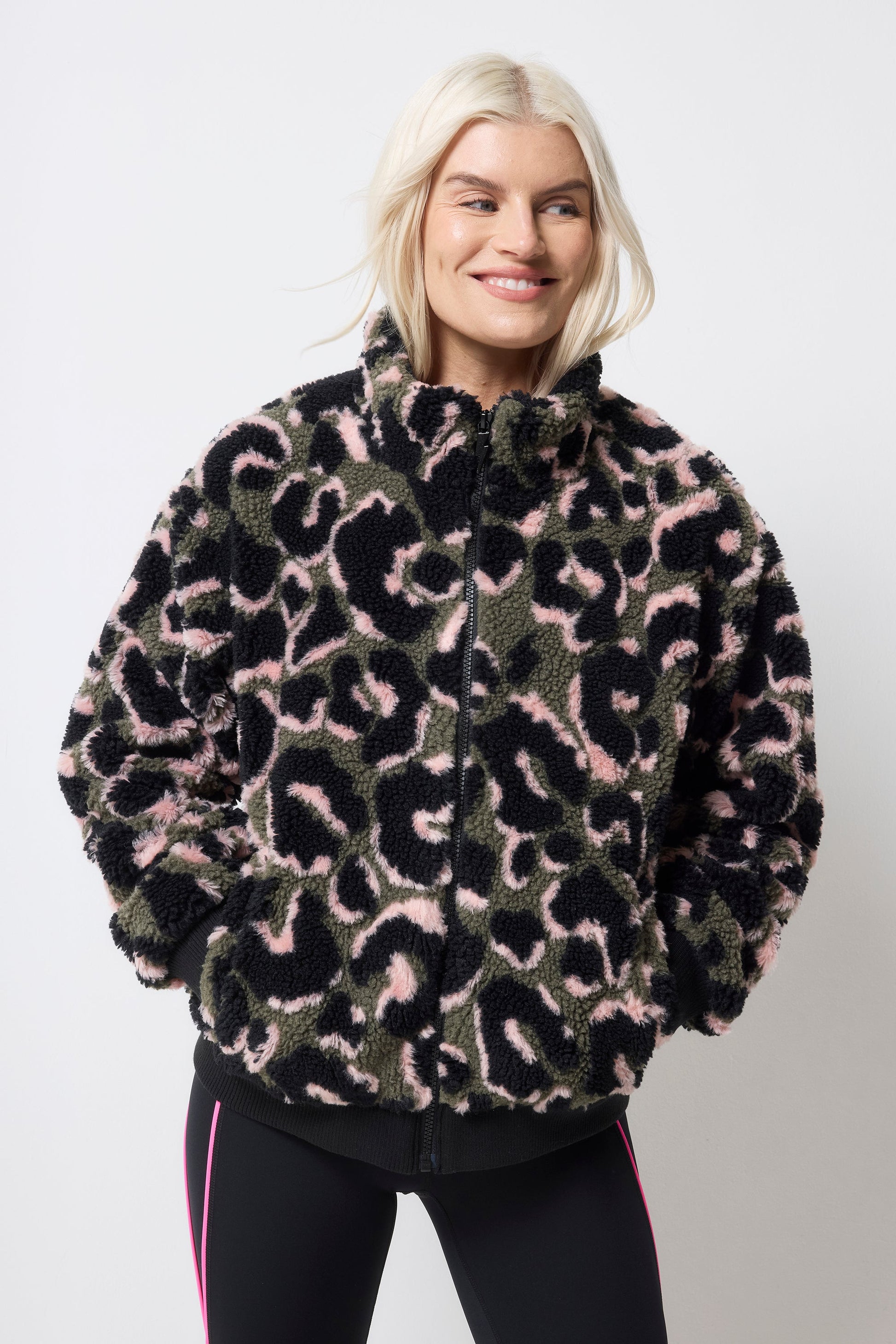 Khaki Leopard Fleece Bomber Jacket