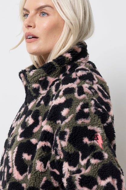 Khaki Leopard Fleece Bomber Jacket