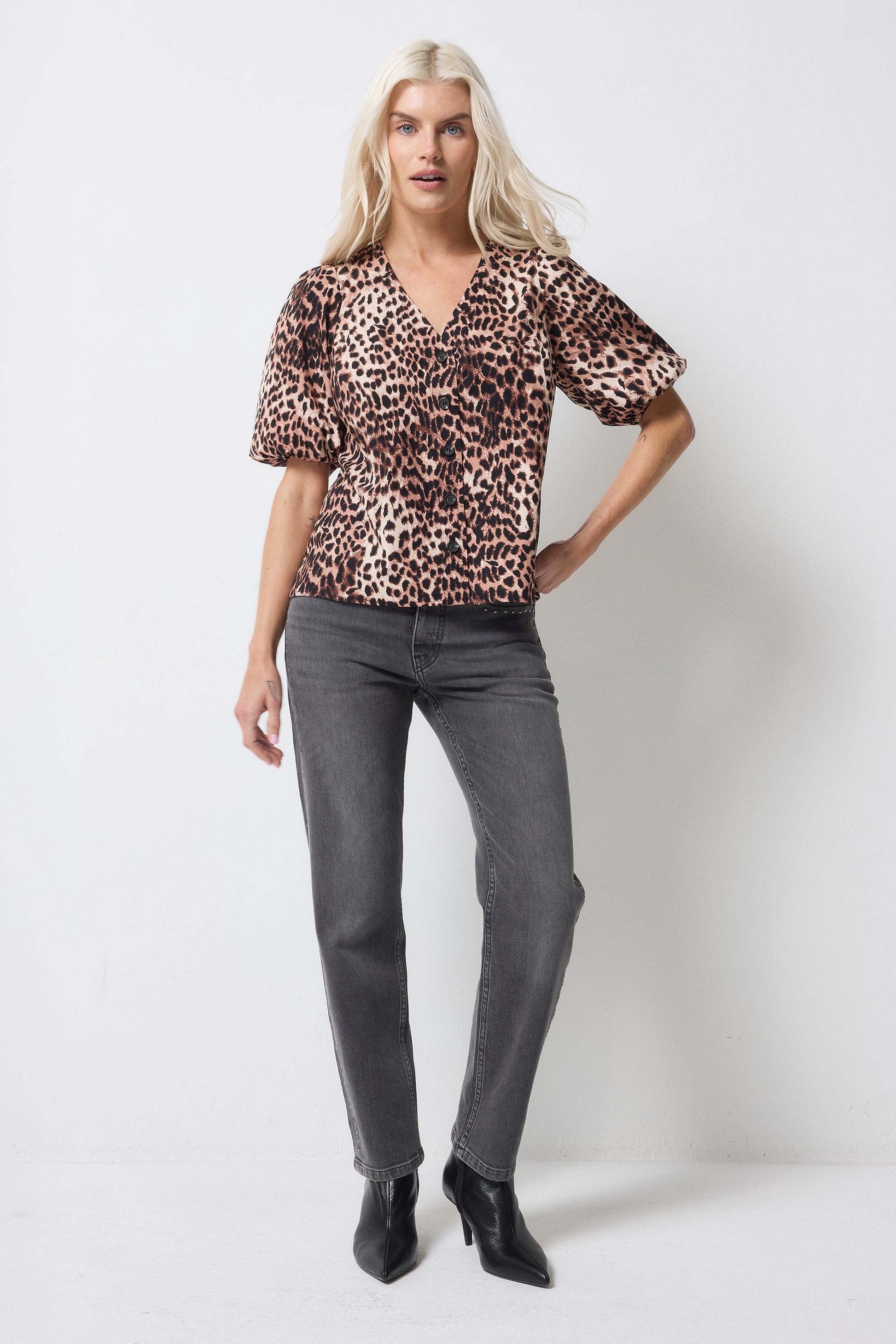 Neutral with Black Cheetah Puff Sleeve Button Front Blouse