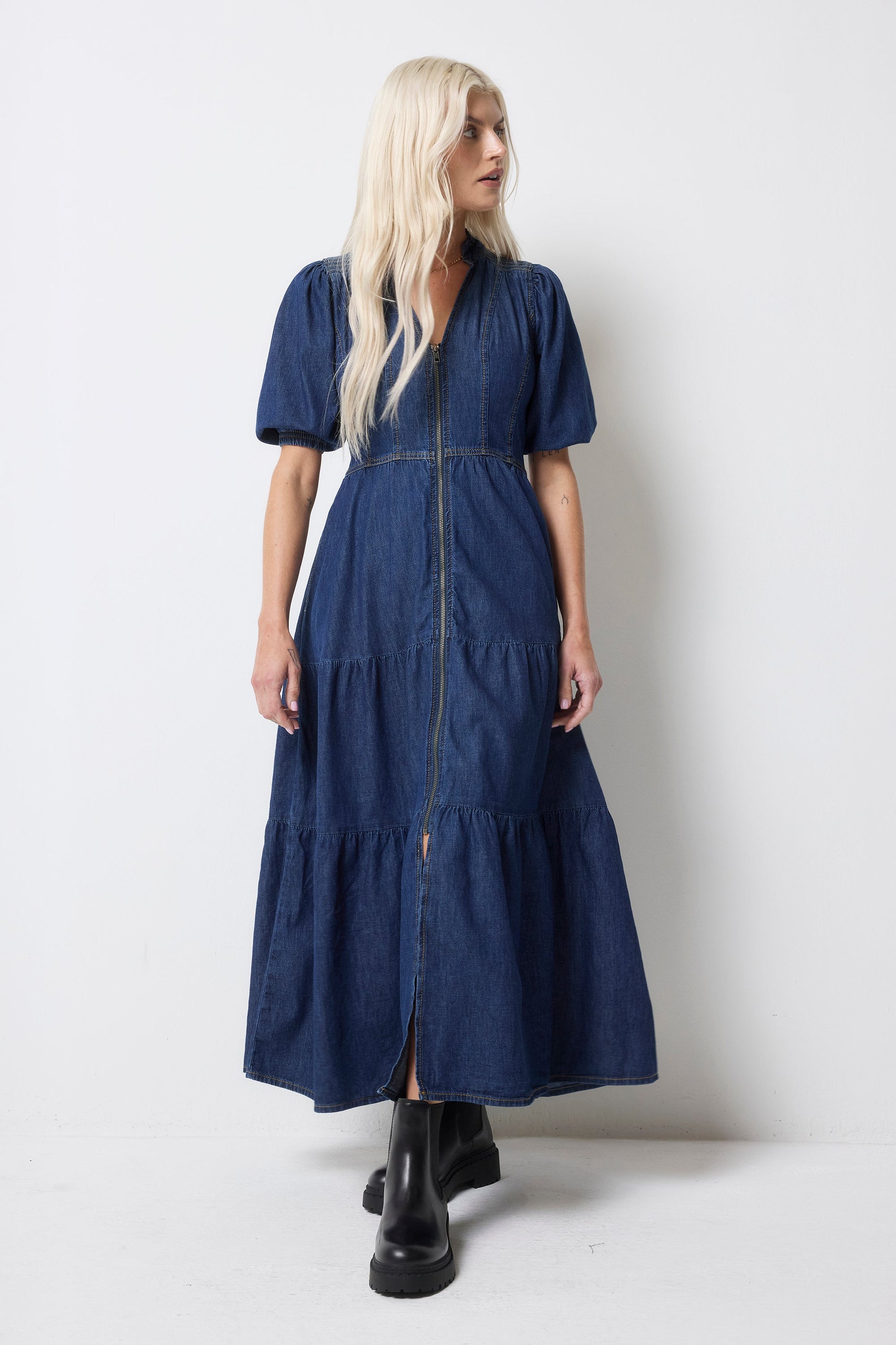 Authentic Indigo Zip Detail Tiered Midi Denim Dress