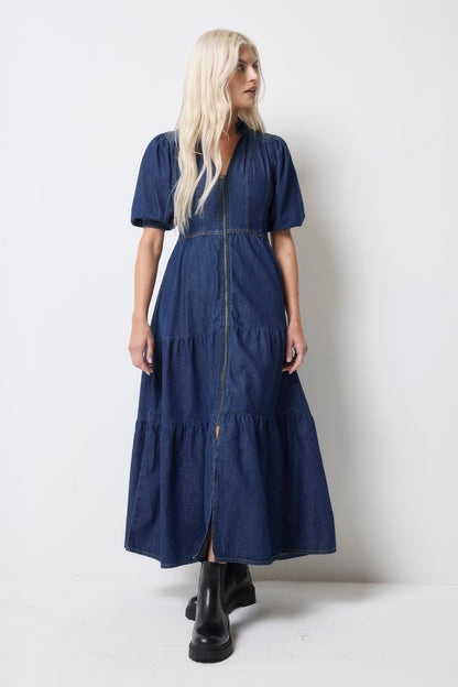 Authentic Indigo Zip Detail Tiered Midi Denim Dress