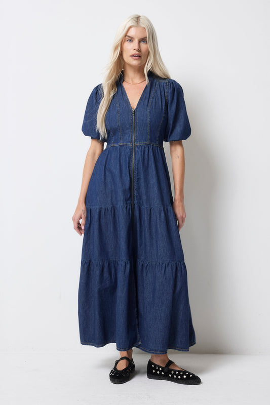 Authentic Indigo Zip Detail Tiered Midi Denim Dress
