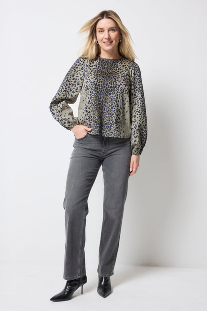 Khaki with Black Wild Leopard Blouson Sleeve Top