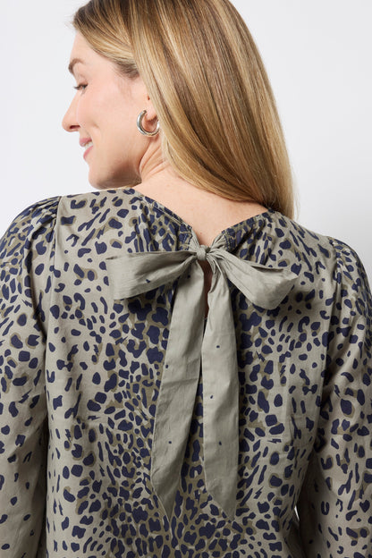 Khaki with Black Wild Leopard Blouson Sleeve Top