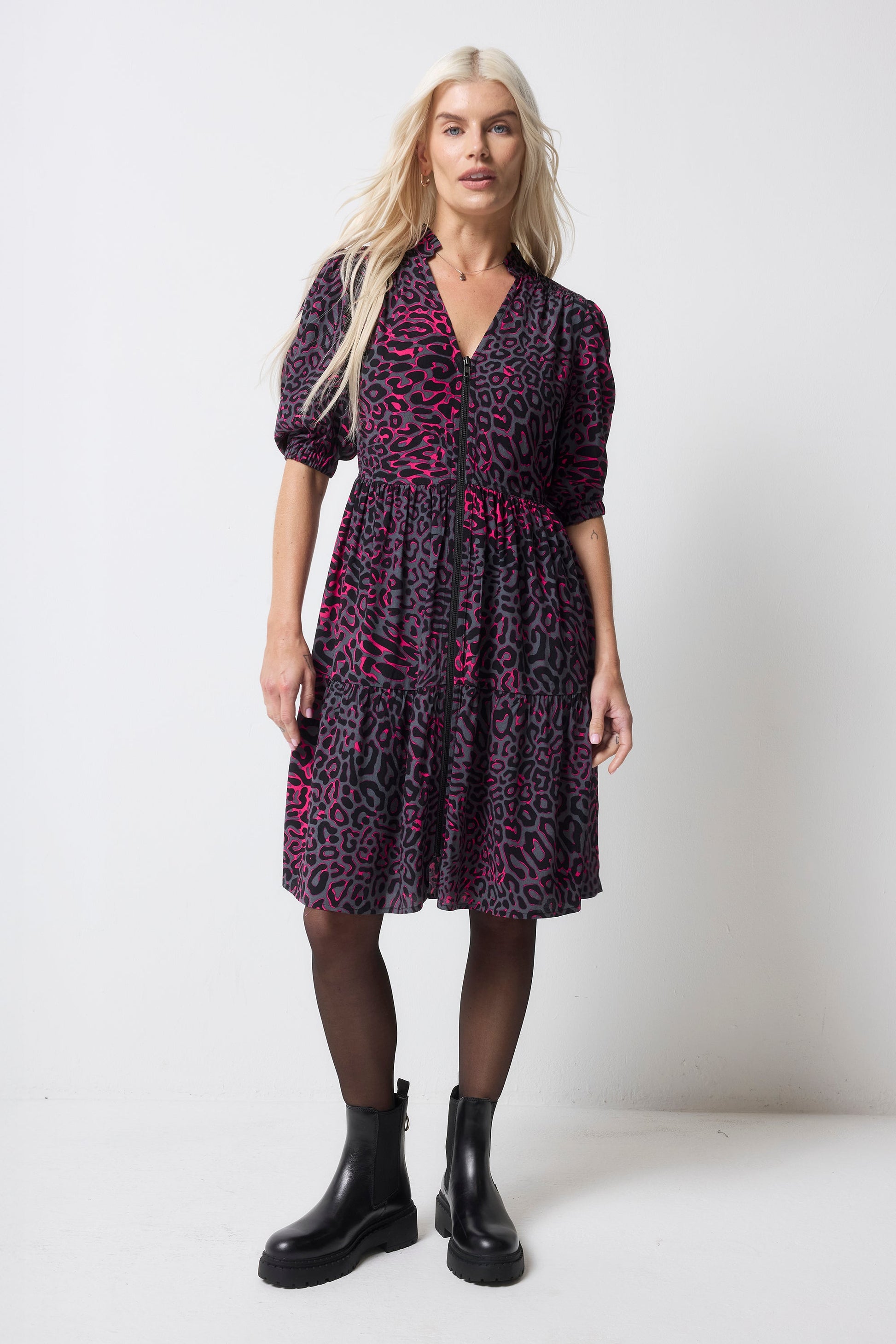 Grey with Pink Leopard Ray Zip Detail Tiered Short Dress
