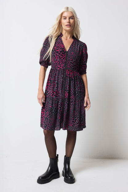 Grey with Pink Leopard Ray Zip Detail Tiered Short Dress