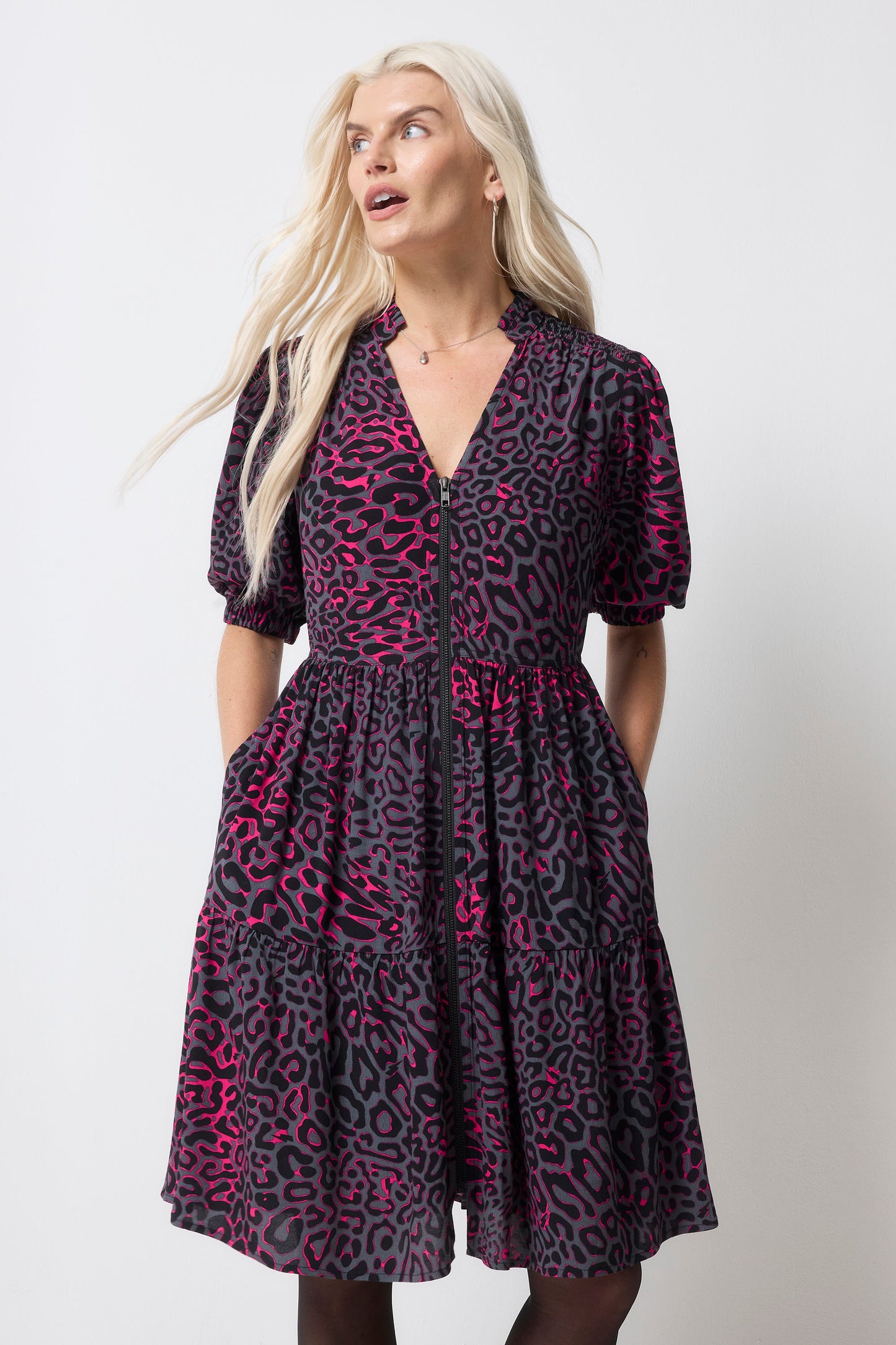 Grey with Pink Leopard Ray Zip Detail Tiered Short Dress
