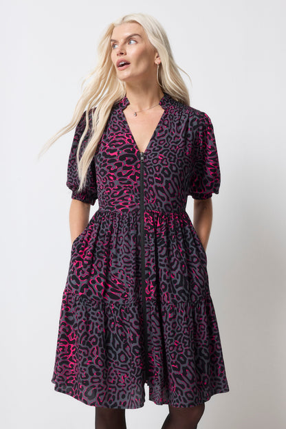 Grey with Pink Leopard Ray Zip Detail Tiered Short Dress